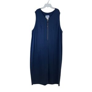 Vtg More Jazz Navy Blue Ribbed Sleeveless Half Zip Sheath Dress Size 22 Preppy